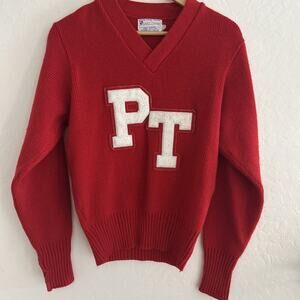 Vintage East-Tenn Award Sweater Womens M 35 RED V Neck Varsity Letterman PT